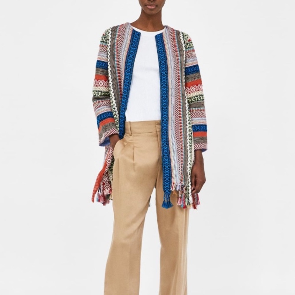 Zara Women Striped Embroidered Ribbon Braided Fringe Tapestry Jacket Sz L